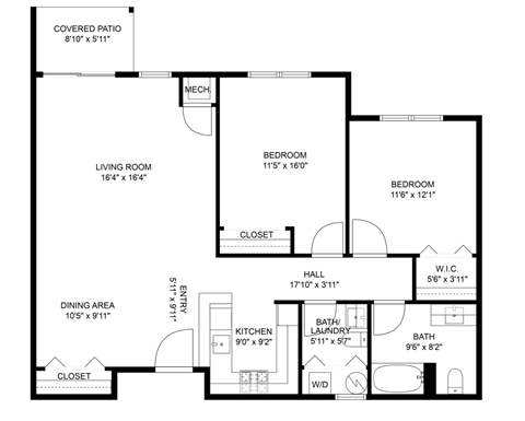 Floor plan for 2 beds, 1.5 baths, 1098 sqft